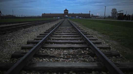 OSWIECIM, POLAND - NOVEMBER 12: The railway track leads to the infamous &#039;Death Gate&#039; at the Auschwitz II Birkenau extermination camp on November 12, 2014 in Oswiecim, Poland. Ceremonies marking the 70th anniversary of the liberation of the camp by Soviet 