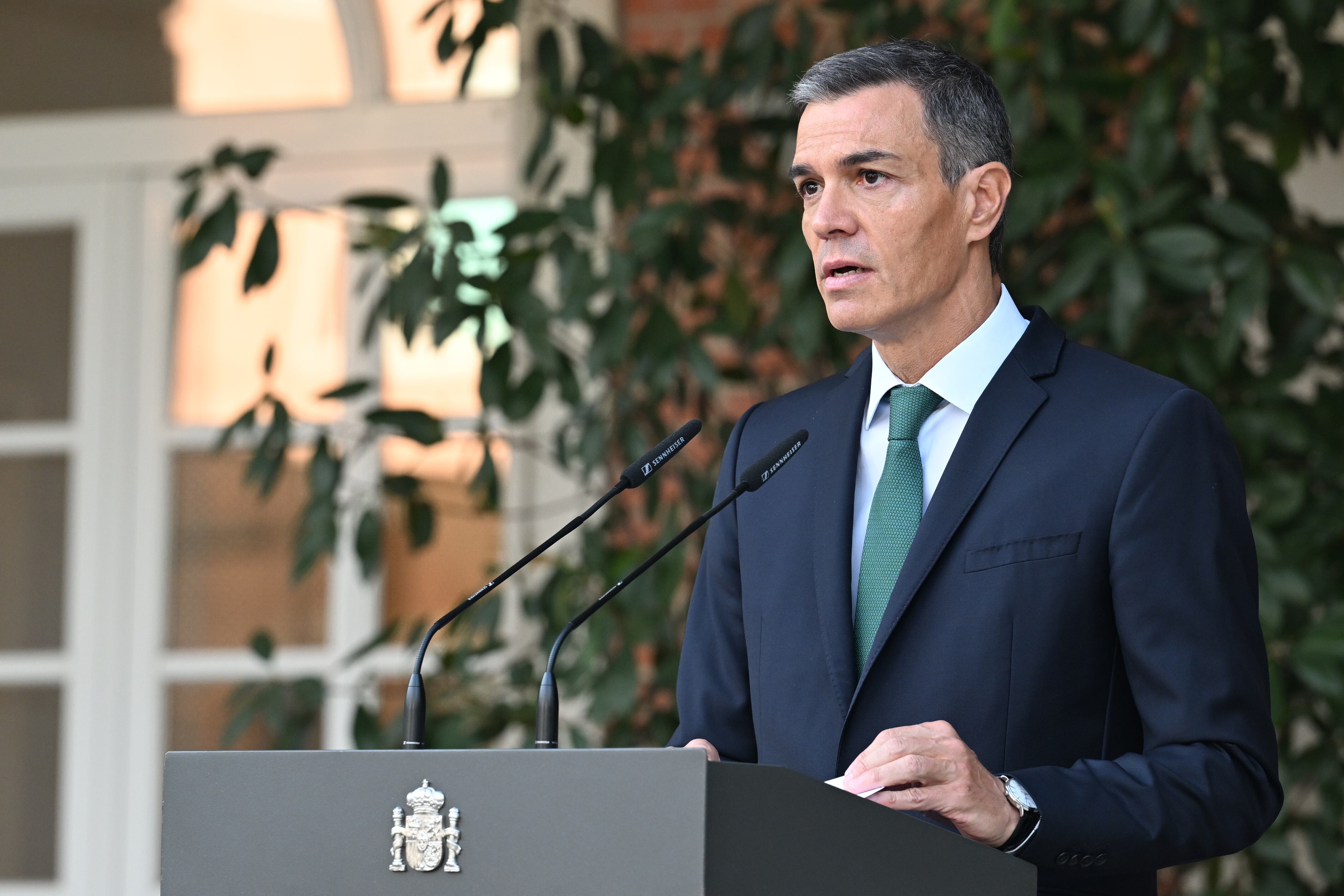 El presidente del Gobierno, Pedro Sánchez, durante su comparecencia en el Palacio de la Moncloa