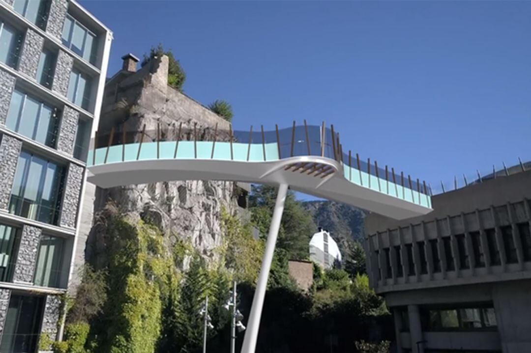 Simulació de la futura passarel·la entre la plaça del Poble i el carrer de la Vall.