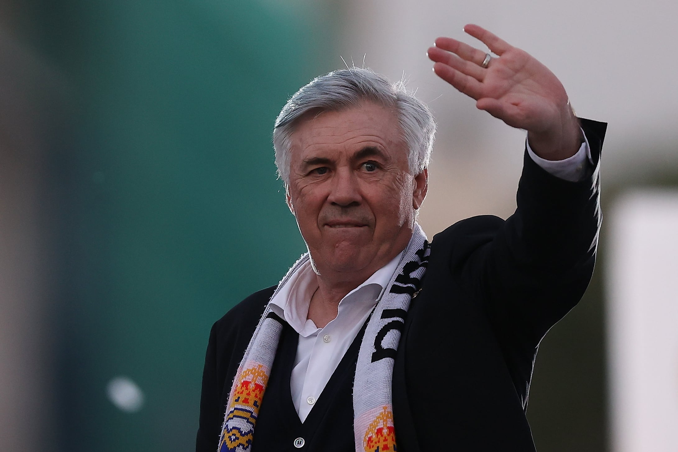 Ancelotti, en La Cibeles, en la celebración del título de liga del Real Madrid.