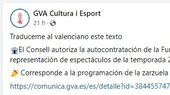 &quot;Traduceme este texto al valenciano&quot;: publicación borrada de Facebook de la Conselleria de Cultura