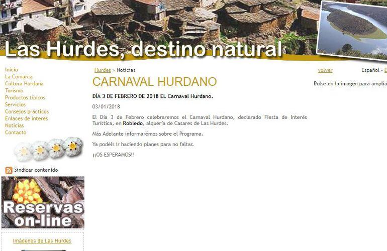 La web de la mancomunidad de municipios anuncia el Carnaval Hurdano el 3 de febrero