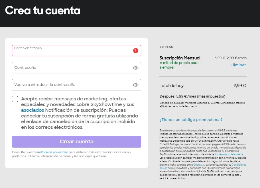 Desde este menú puedes crear tu cuenta de SkyShowtime