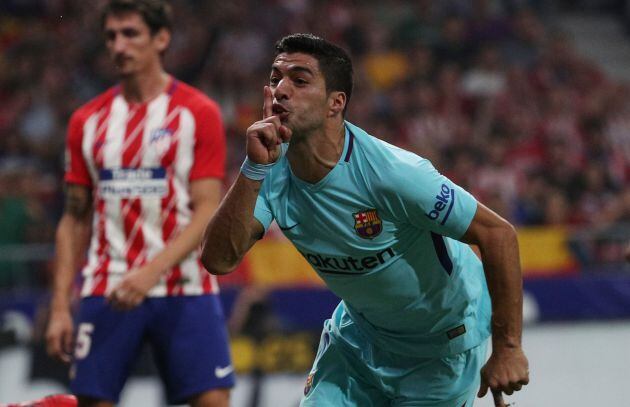 Luis Suárez mandó callar al Wanda Metropolitano tras su gol.