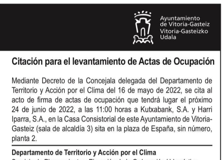 Anuncio del Ayuntamiento de Vitoria en la prensa sobre el trámite que queda pendiente para activar las obras contras las inundaciones