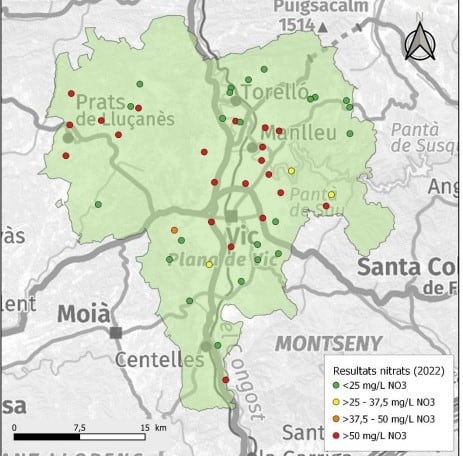 Mapa del mostreig de nitrats a Osona. Font: Agència Catalana de l&#039;Aigua