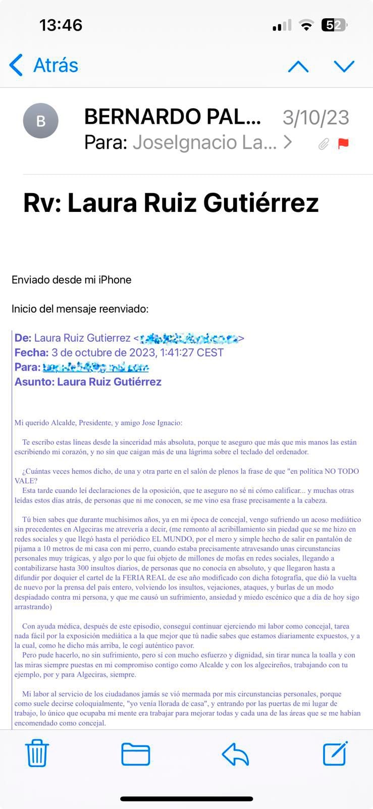 Correo emitido por Laura Ruiz a Landaluce