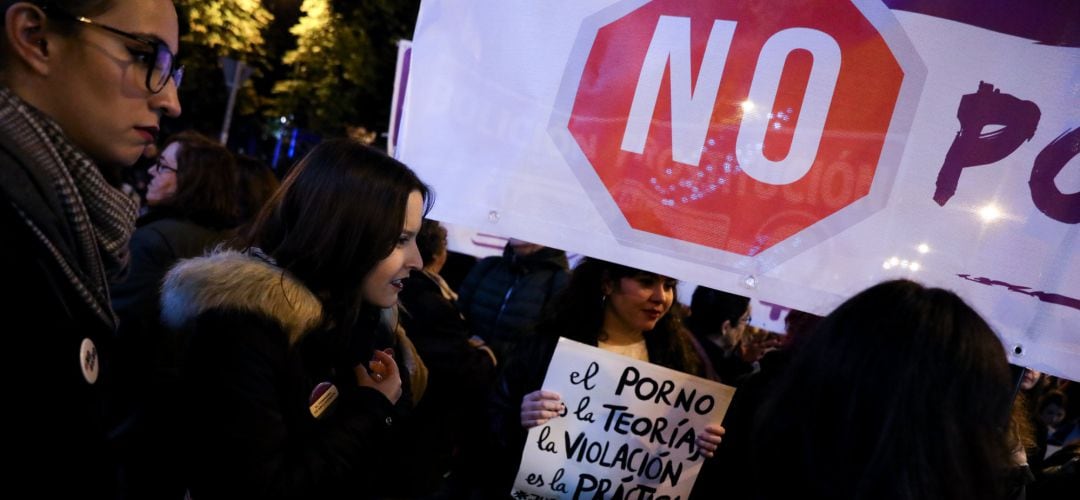 Una mujer sostiene un cartel en el que se lee &#039;El porno es la teoría, la violación es la práctica&#039;, en la manifestación en Madrid con motivo del Día Internacional para la Eliminación de la Violencia contra las Mujeres