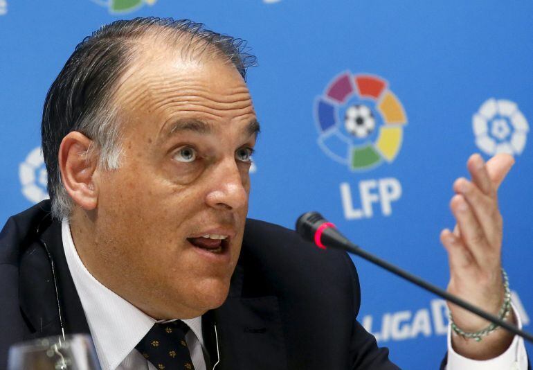 Javier Tebas President of the Spanish Football Federation (LFP) attends a news conference in Barcelona, March 25, 2015. Many clubs in La Liga, including the likes of champions Atletico Madrid, Espanyol, Valencia and Sevilla, are hopeful a collective deal