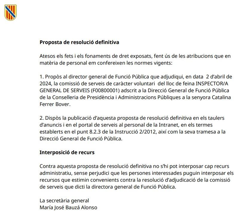 Extracto de la propuesta de resolución por la que se adjudica la plaza a Catalina Ferrer
