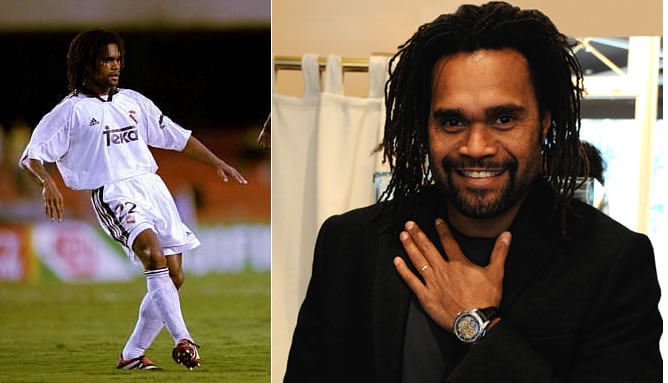 A la izquierda, Karembeu en su etapa como futbolista del Real Madrid. A la derecha, una de sus últimas imágenes, anunciando relojes de la marca Perrelet.