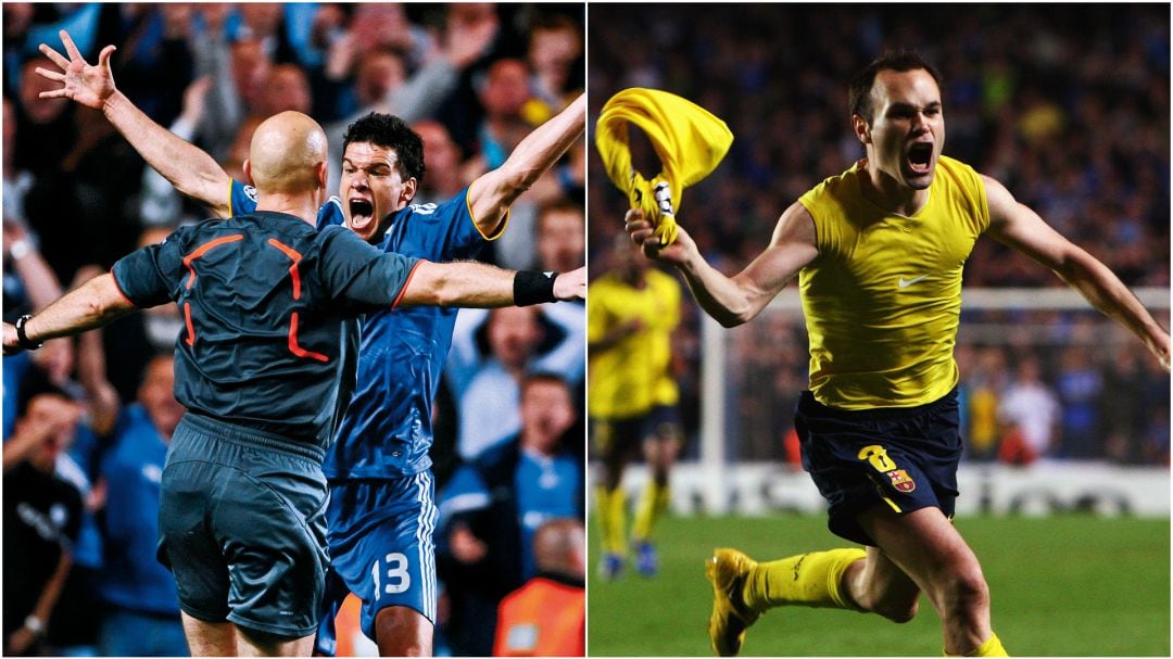 El árbitro Tom Henning Ovrebo y los jugadores Michael Ballack y Andrés Iniesta, durante el partido