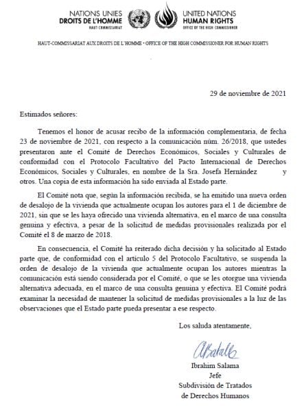 Escrito de Naciones Unidas pidiendo la paralización del desahucio.