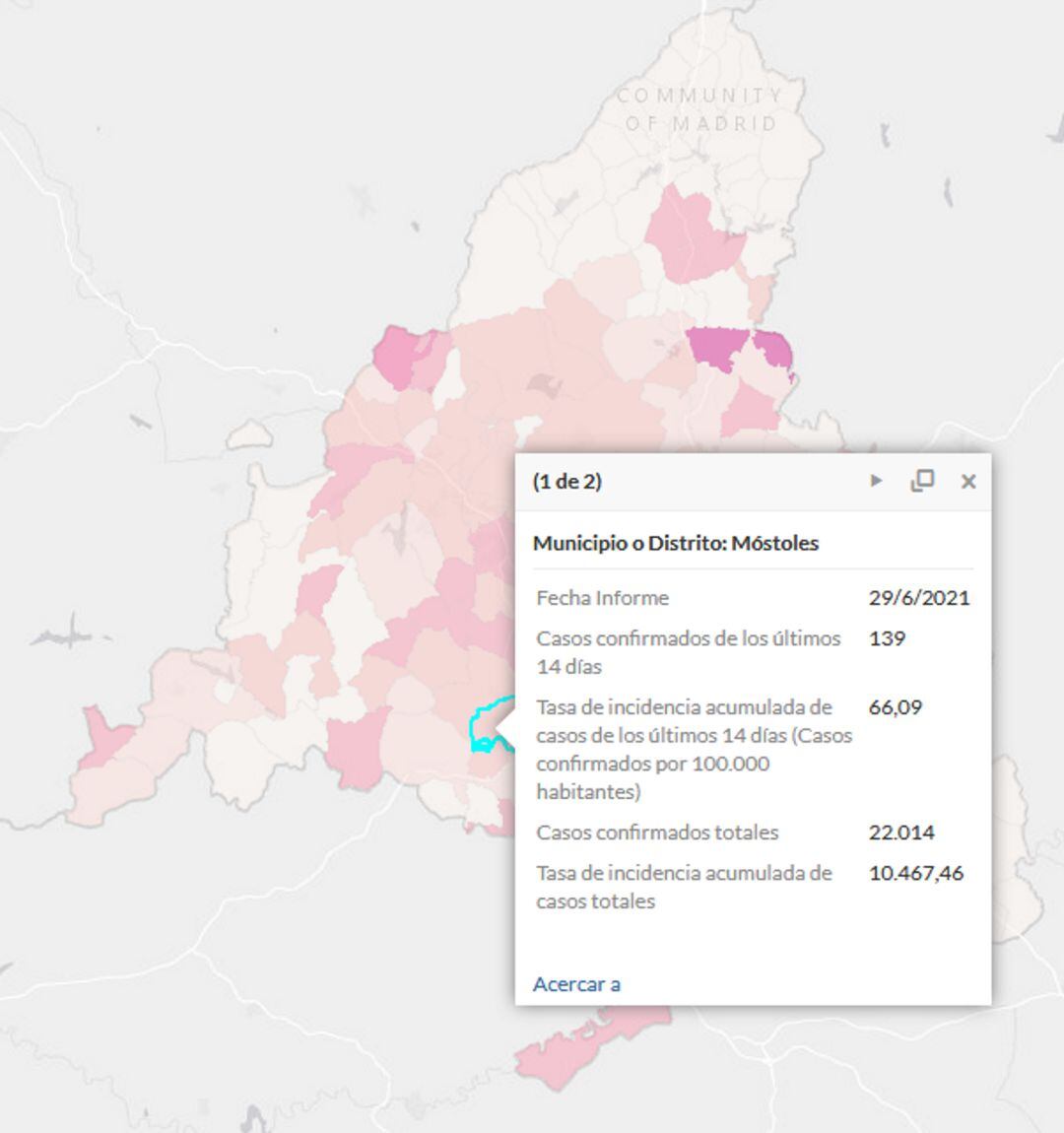 Mapa de la incidencia Covid en Móstoles