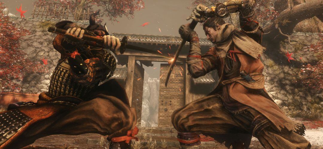 Sekiro armado con su katana y su brazo protésico