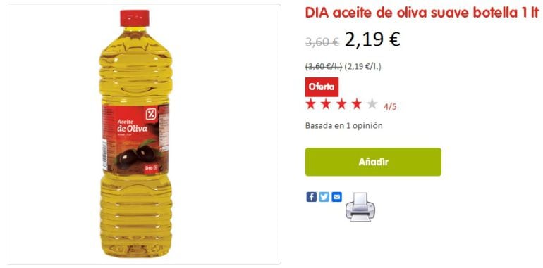 Captura de pantalla de la oferta del aceite de oliva, en la web de DIA.