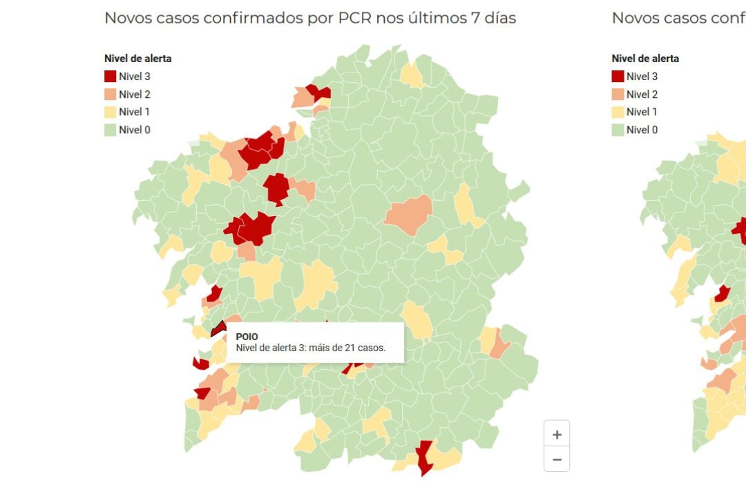Mapa de la incidencia del coronavirus en el Área Sanitaria Pontevedra-Salnés