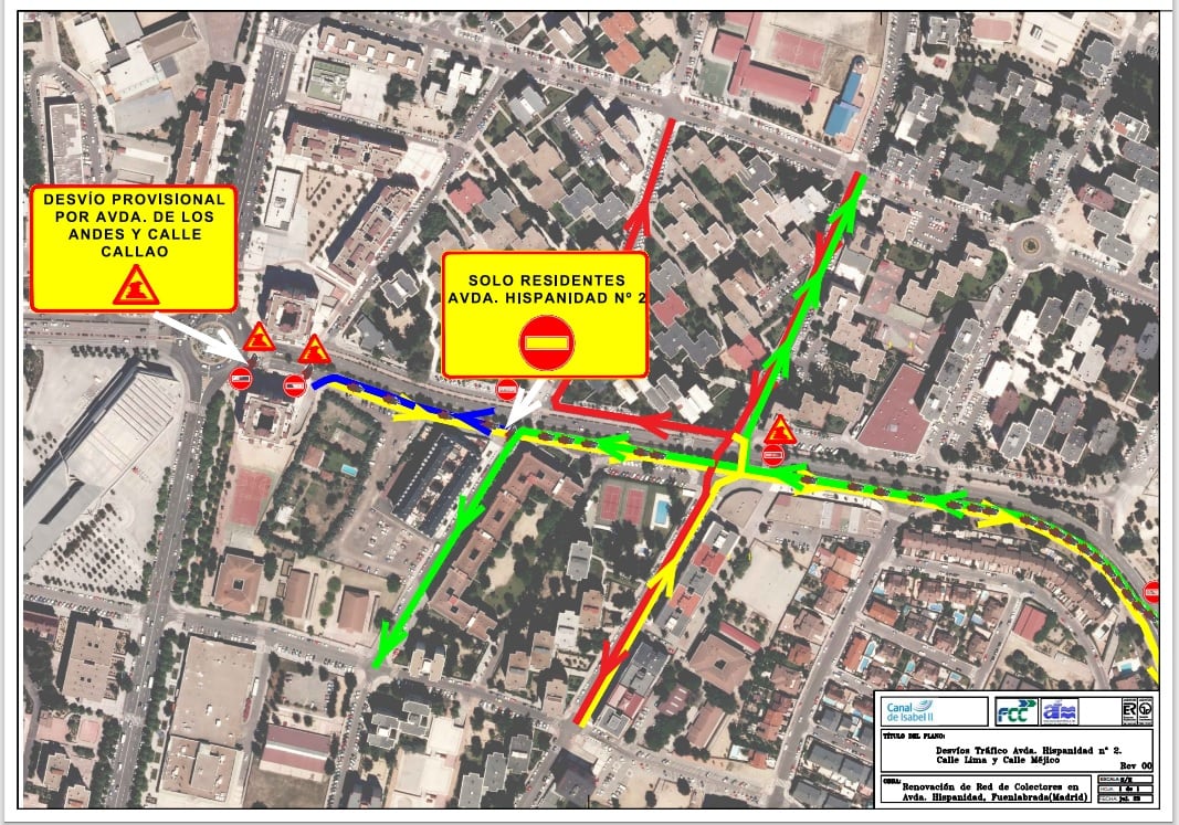 Mapa de los nuevos cortes provocados por las obras del Canal en la avenida de la Hispanidad de Fuenlabrada