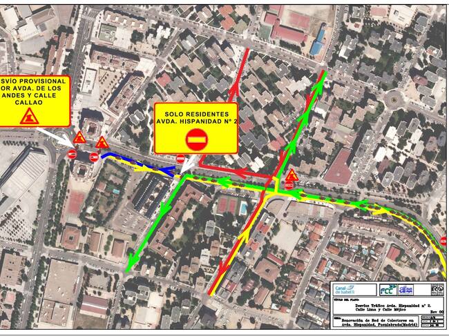 Mapa de los nuevos cortes provocados por las obras del Canal en la avenida de la Hispanidad de Fuenlabrada