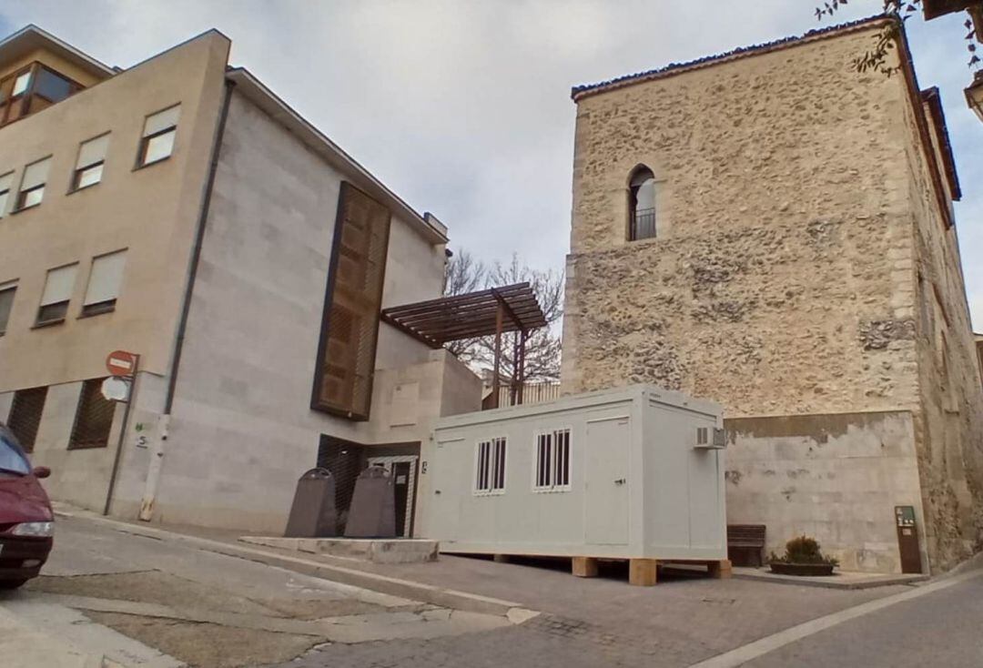 Caseta donde se realizan algunas pruebas de detección de Covid 19 en el Centro de Salud de Cuéllar