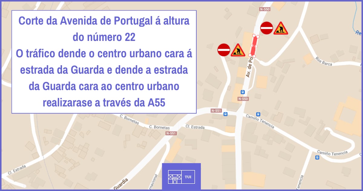 Corte de tráfico na Avenida Portugal de Tui por obras