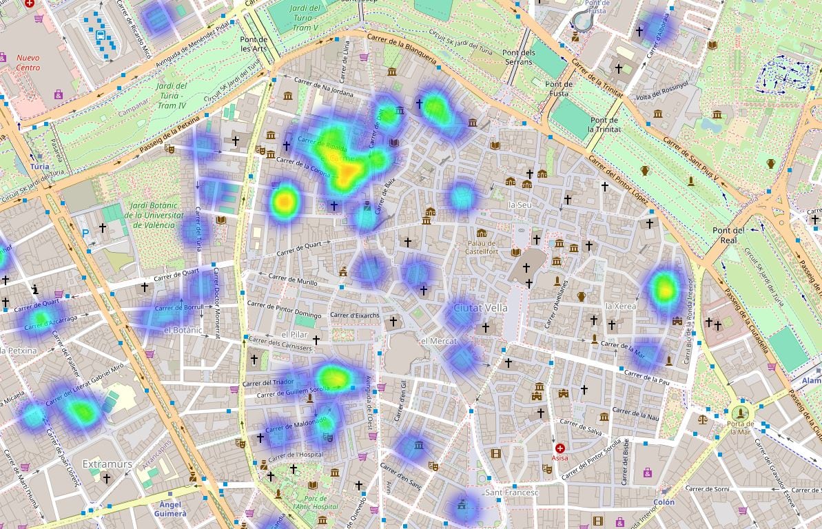 Mapa de pisos turísticos en la zona de Ciutat Vella