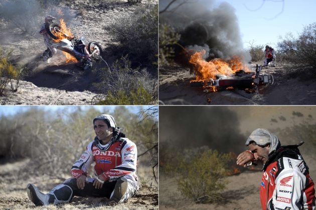 En 2014 Paulo conmocionó al Dakar con sus lágrimas al ver su moto arder