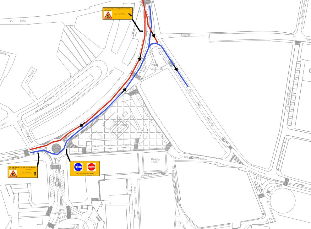 Itinerario previsto para tráfico rodado a partir del 19 de julio en el entorno de los Jardines de Don Diego de Aranda
