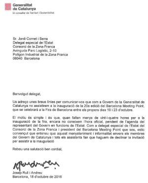 La carta enviada pel conseller Rull on s'explica que no assistirà a la inauguració del Meeting Point