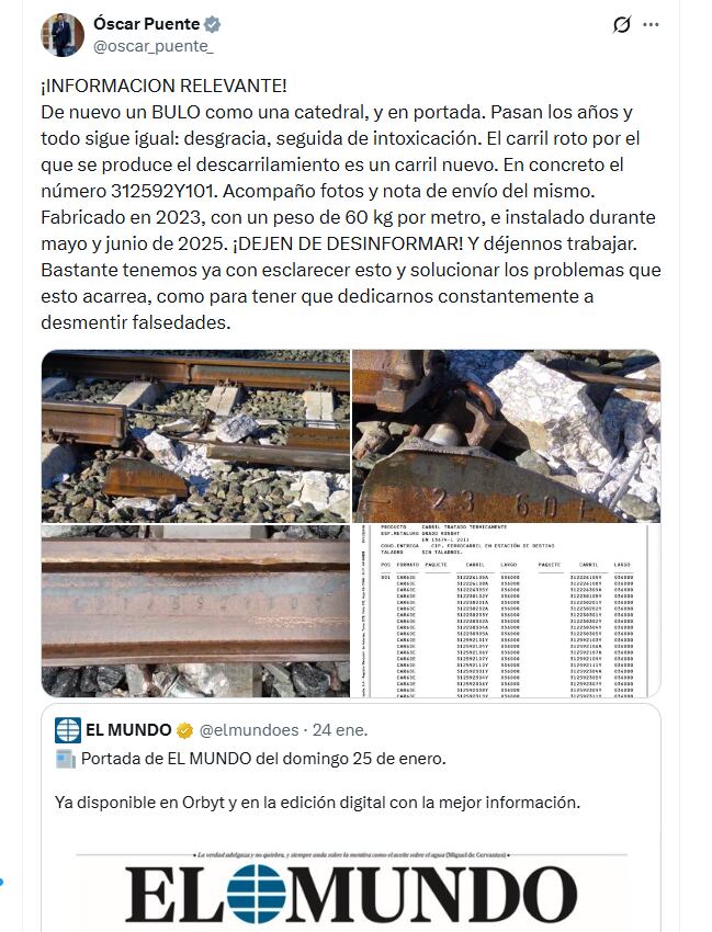 El tuit de Óscar Puente calificando de "bulo" la información publicada por 'El Mundo' el sábado 24 de enero de 2026.