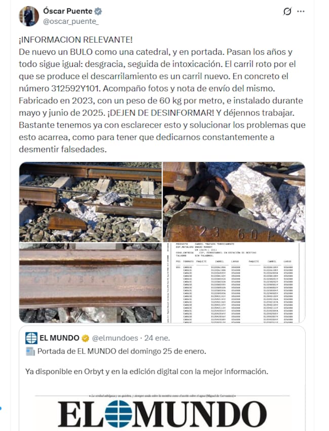 El tuit de Óscar Puente calificando de "bulo" la información publicada por 'El Mundo' el sábado 24 de enero de 2026.