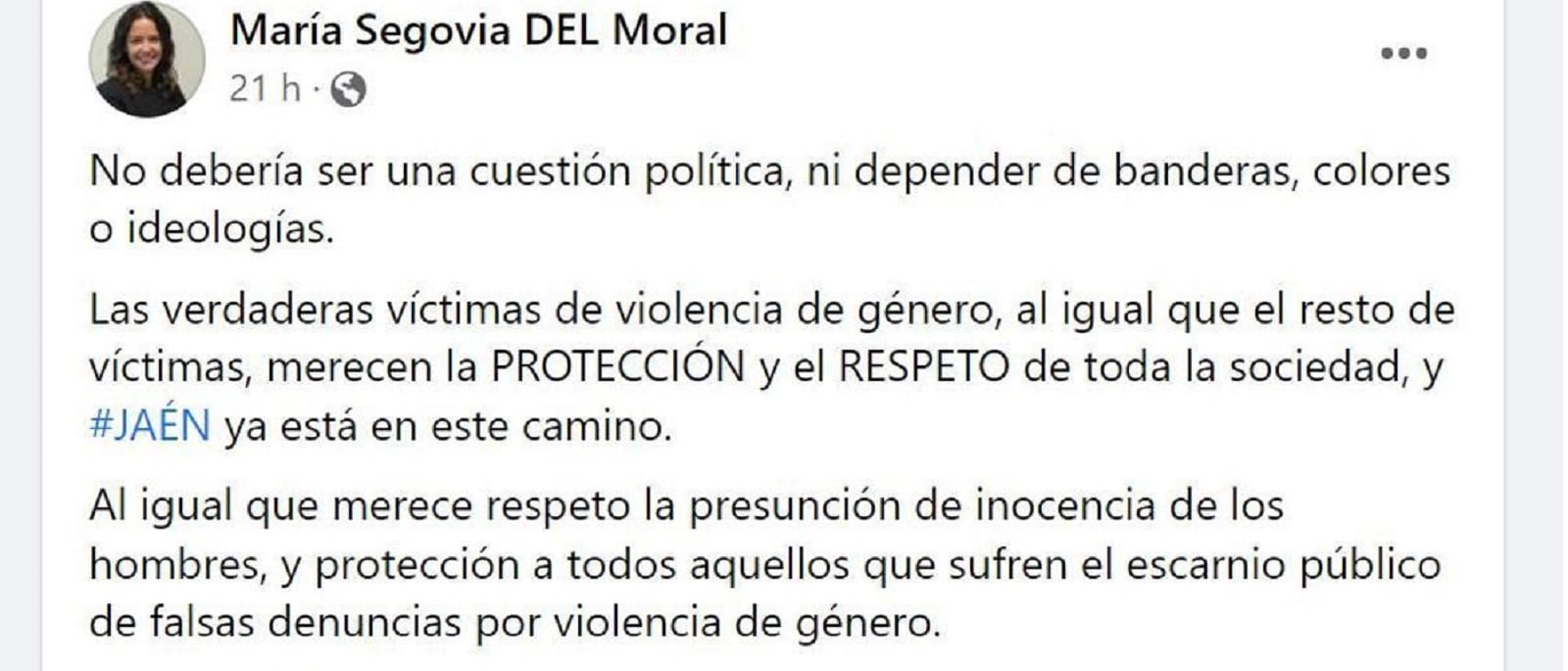 Post en redes de la concejala de igualdad del Ayuntamiento de Jaén, María Segovia