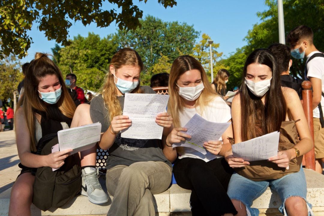 Un grupo de estudiantes en la UA repasa apuntes antes de entrar a realizar las pruebas de la EBAU.