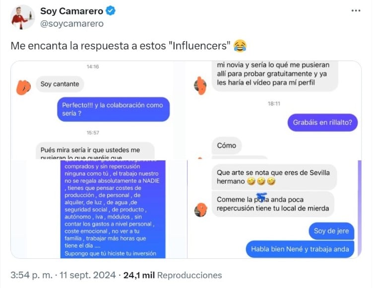 Imagen de la publicación de &#039;Soy Camarero&#039; en X.