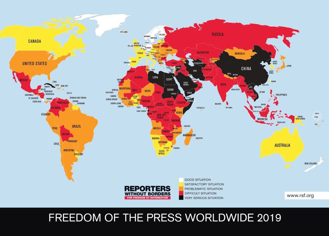 Mapa de la libertad de prensa en el mundo en 2019.