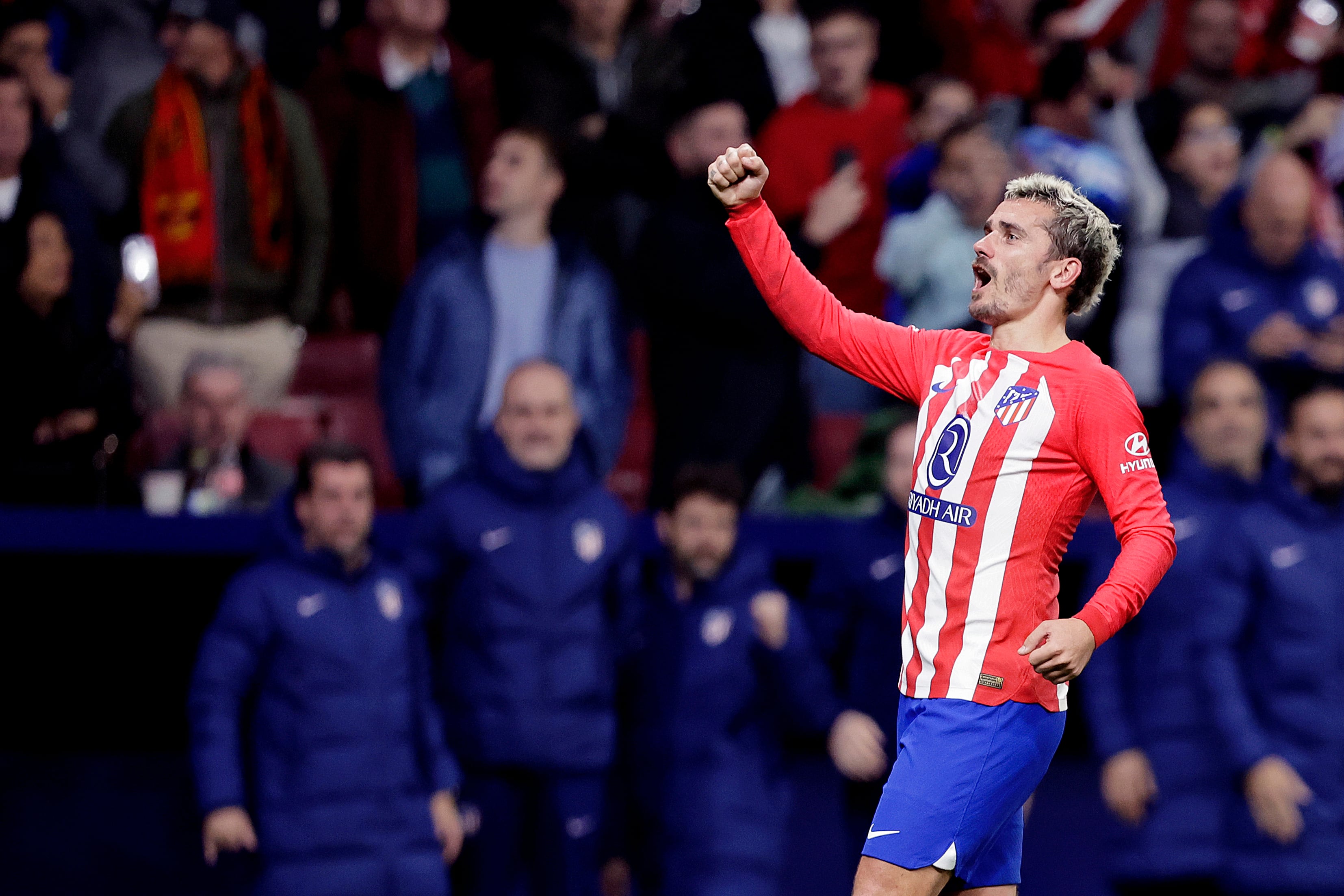 MADRID, SPAIN - NOVEMBER 12: Antoine Griezmann of Atletico Madrid celebrates 2-1 during the LaLiga EA Sports  match between Atletico Madrid v Villarreal at the Civitas Metropolitano Stadium on November 12, 2023 in Madrid Spain (Photo by David S.Bustamante/Soccrates/Getty Images)