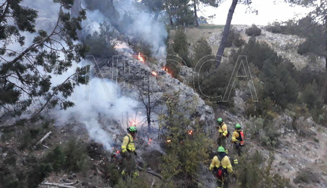 Bomberos del Plan Infoca trabajan para extinguir el fuego.