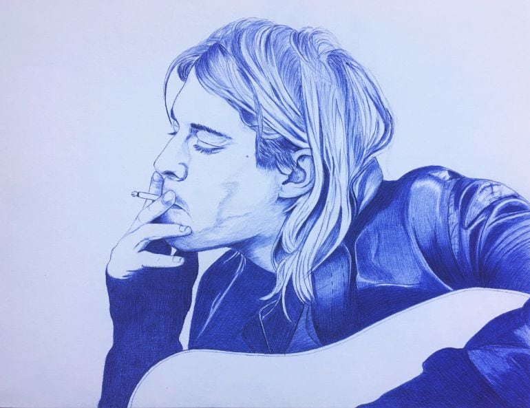 Ilustración de Kurt Cobain realizada a bolígrafo para Sofá Sonoro