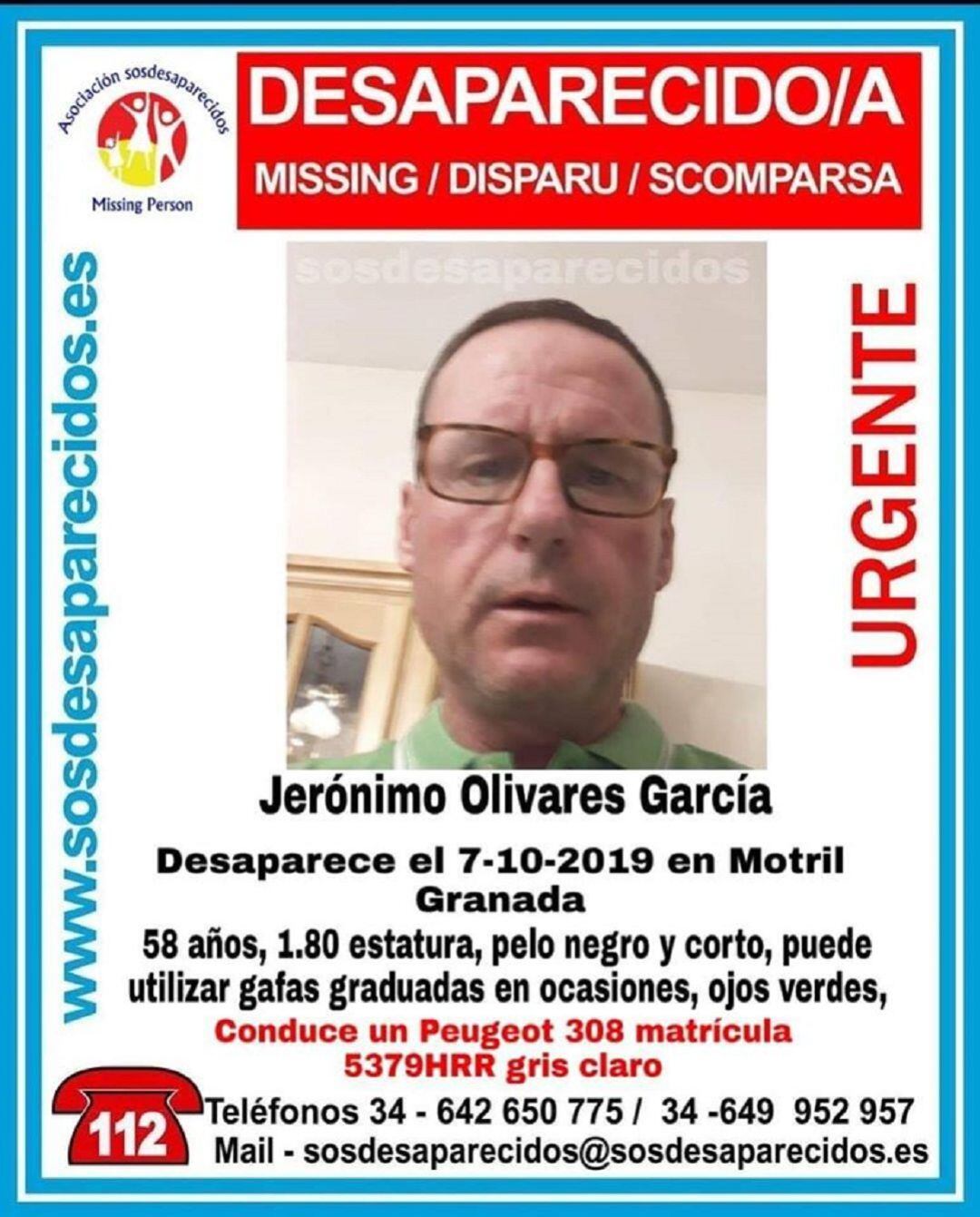 Cartel que alerta de la desaparición del linarense Jerónimo Olivares.