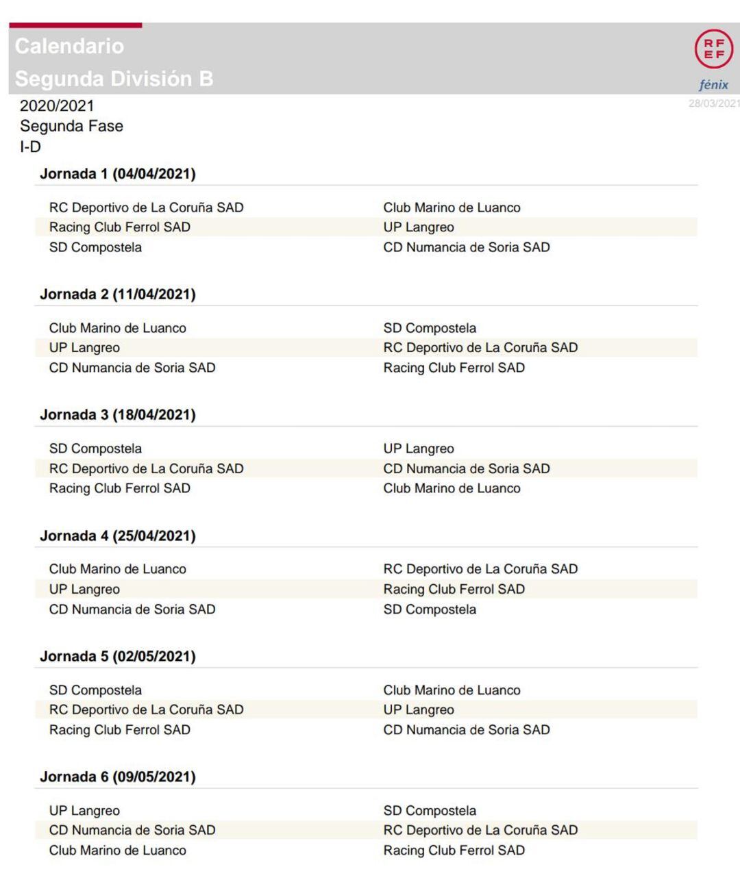 Calendario de la Segunda Fase por la Segunda B Pro.