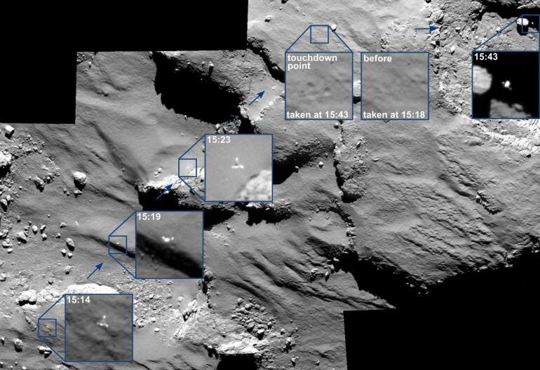 ESPACIO (---), 12/11/2014.- Imagen facilitada por la Agencia Espacial Europea (ESA) hoy 17 de noviembre de 2014 que muestra el aterrizaje del módulo Philae sobre la superficie del cometa 67P/Churyumov-Gerasimenko y que han sido captadas por la sonda Roset