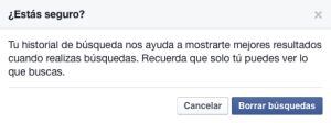 Diálogo que muestra Facebook al borrar el historial