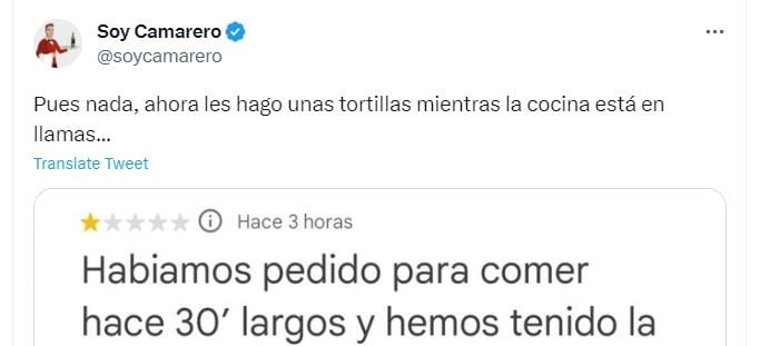 El tweet en el que @SoyCamarero recoge la reseña inexplicable que dejó un cliente en un restaurante