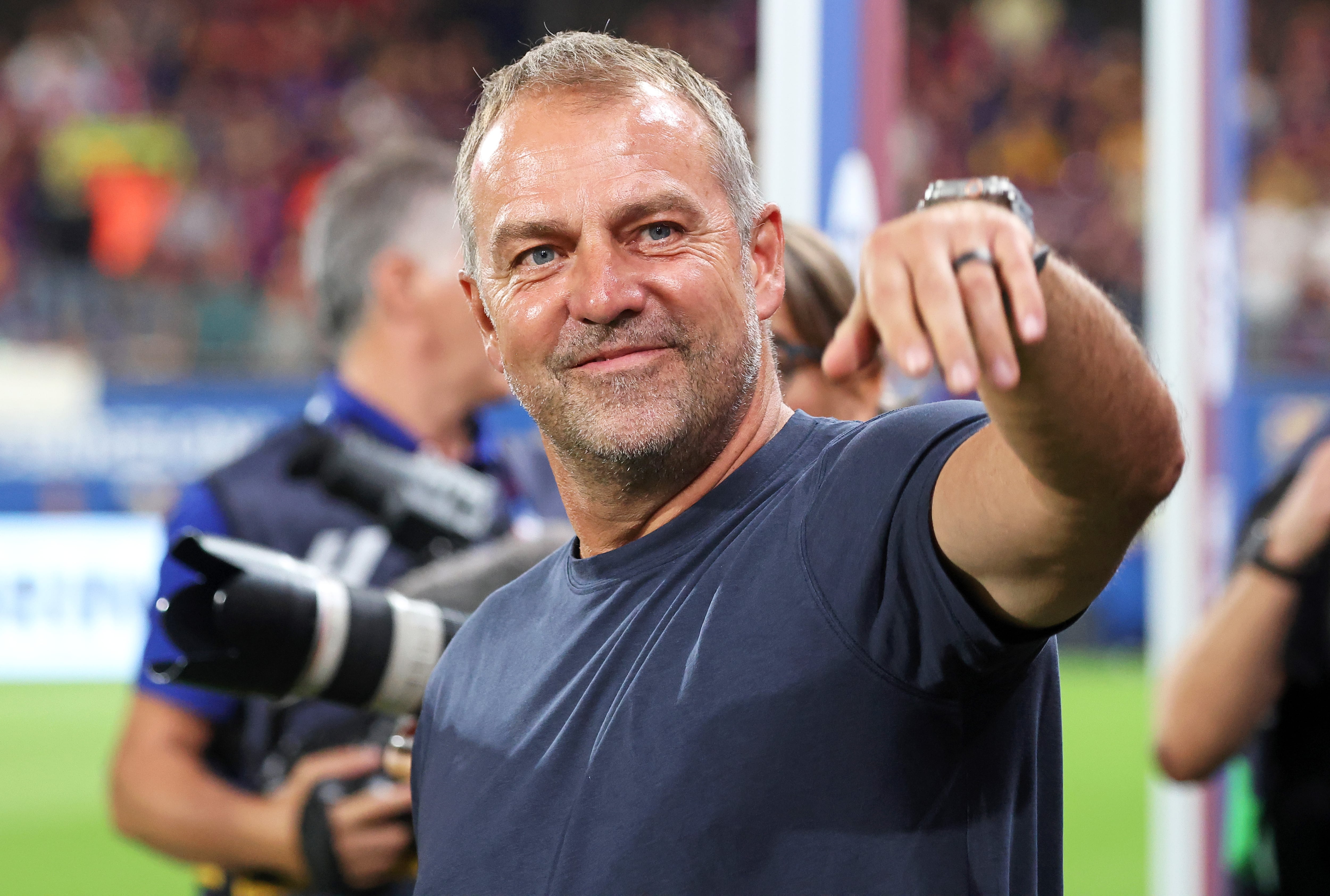 Hansi Flick coaches during the match between FC Barcelona and Valencia CF, corresponding to week 4 of LaLiga EA Sports, at the Joan Cruyff Stadium in Barcelona, Spain, on September 14, 2025. (Photo by Joan Valls/Urbanandsport/NurPhoto via Getty Images) -- (Photo by Urbanandsport/NurPhoto via Getty Images)