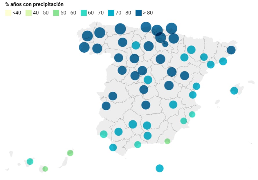 Mapa de probabilidad de precipitaciones en Semana Santa.