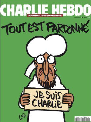 PAR10- PARÍS (FRANCIA), 12/1/2015.- Fotografía cedida este 12 de enero de 2015, de la portada del periódico francés Charlie Hebdo de su publicación &quot;Sobrevivientes&quot; con una caricatura del profeta Mahoma sosteniendo un letrero de &quot;Jesuis Charlie&quot; (Yo soy C