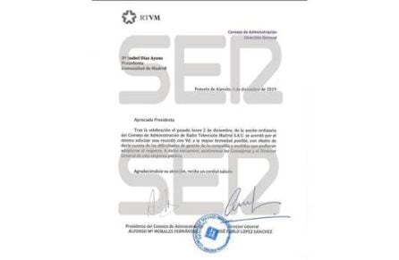 Carta enviada por el consejo de administración de Telemadrid al Gobierno de Isabel Díaz Ayuso el 4 de diciembre.