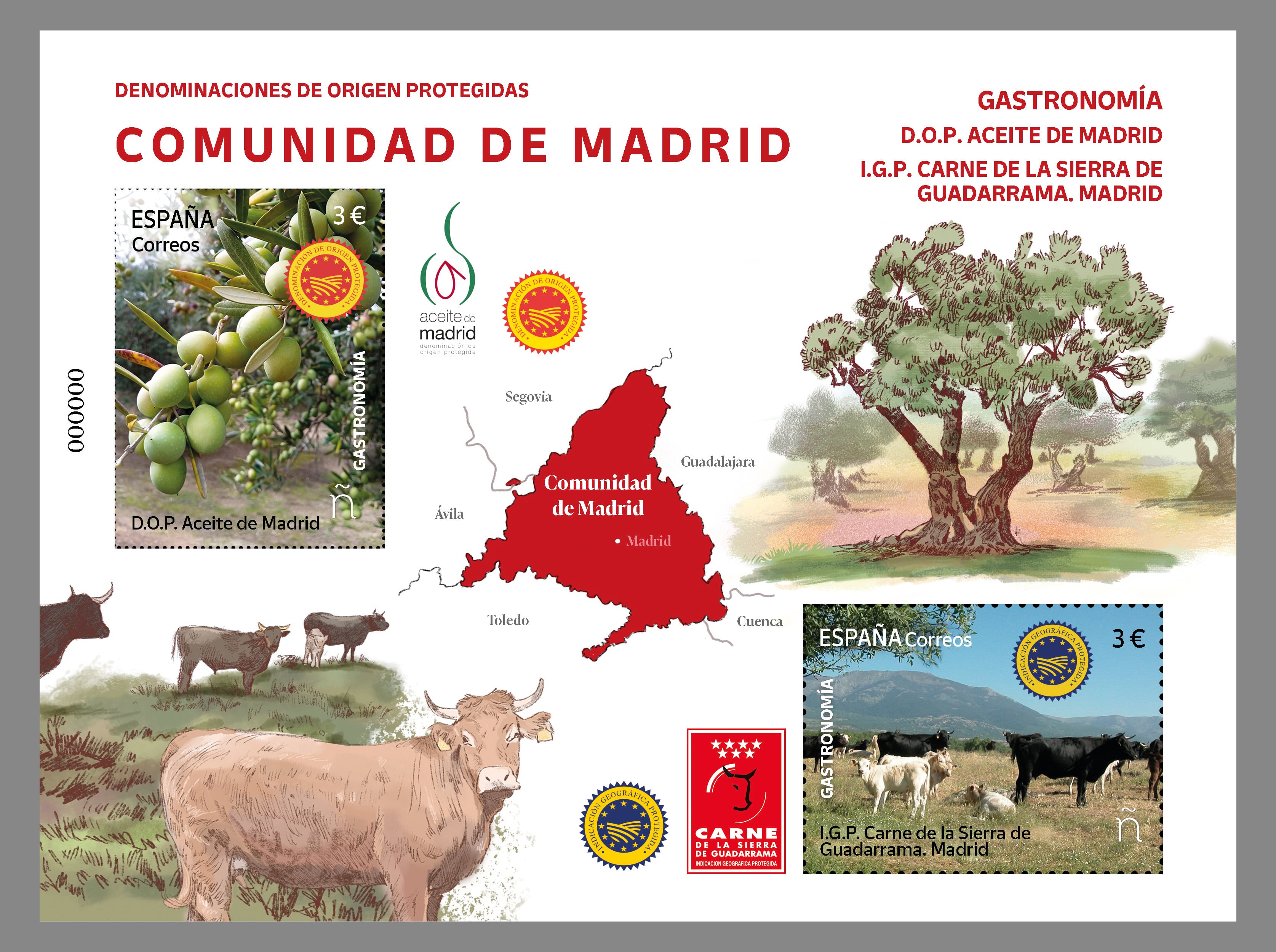 Correos ha presentado dos nuevos sellos, que se venden en bloque, dedicados al Aceite de Madrid y a la Carne de la Sierra de Guadarrama