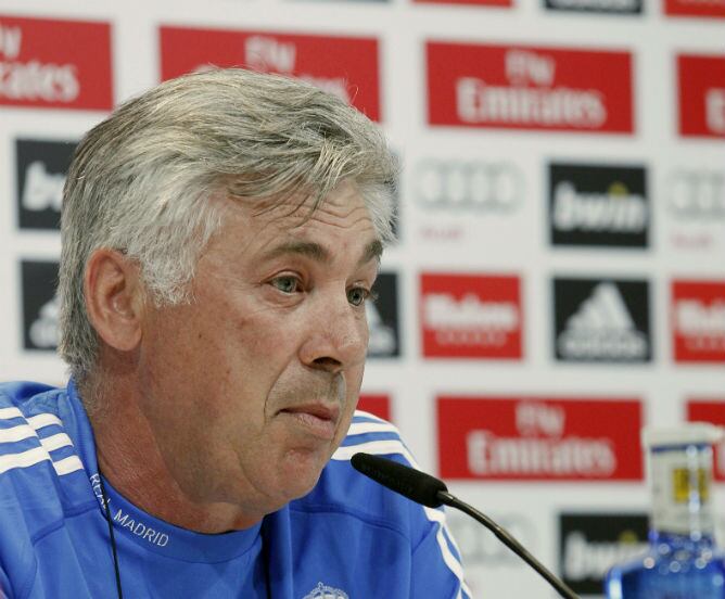 Carlo Ancelotti en su primera rueda de prensa en Valdebebas