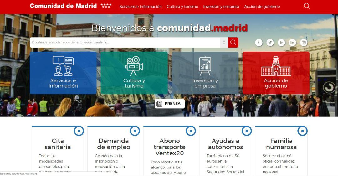 Captura de pantalla de la web de la Comunidad de Madrid